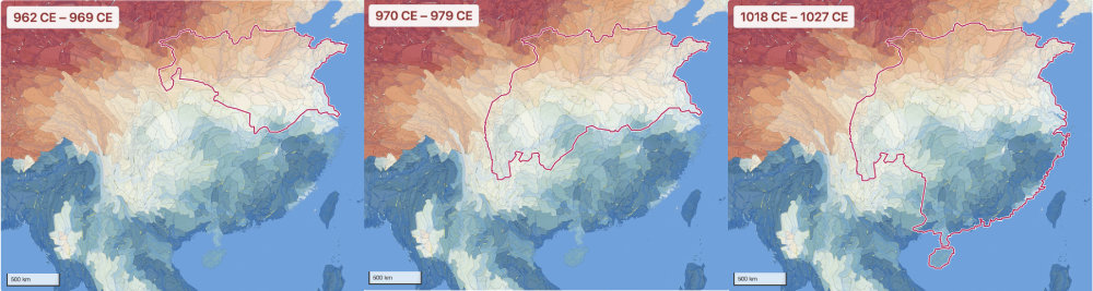 Northern Song boundary growth across three time slices, same map extent throughout