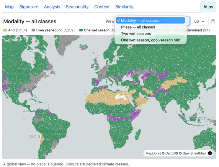 Atlas tab — global precipitation/temperature modality classes